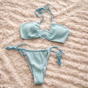 SHEIN Light Blue Ribbed Tie-Side Bikini Set